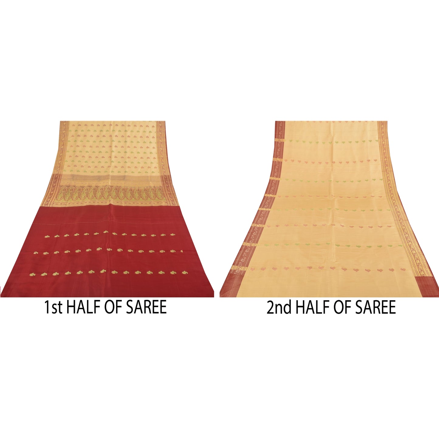 Sanskriti Vintage Cream Sarees Pure Satin Silk Brocade Banarasi Sari 6+yd Fabric