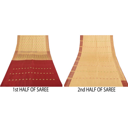 Sanskriti Vintage Cream Sarees Pure Satin Silk Brocade Banarasi Sari 6+yd Fabric