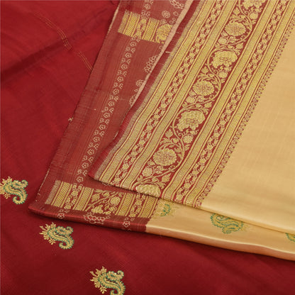 Sanskriti Vintage Cream Sarees Pure Satin Silk Brocade Banarasi Sari 6+yd Fabric