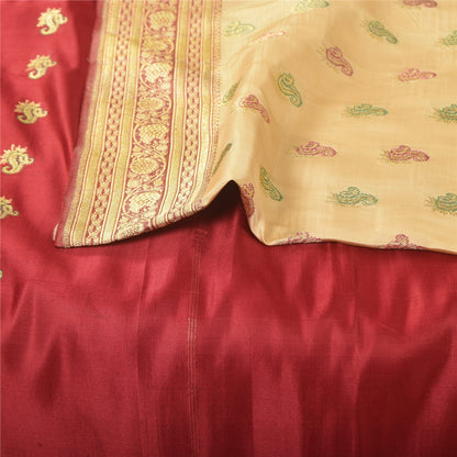 Sanskriti Vintage Cream Sarees Pure Satin Silk Brocade Banarasi Sari 6+yd Fabric