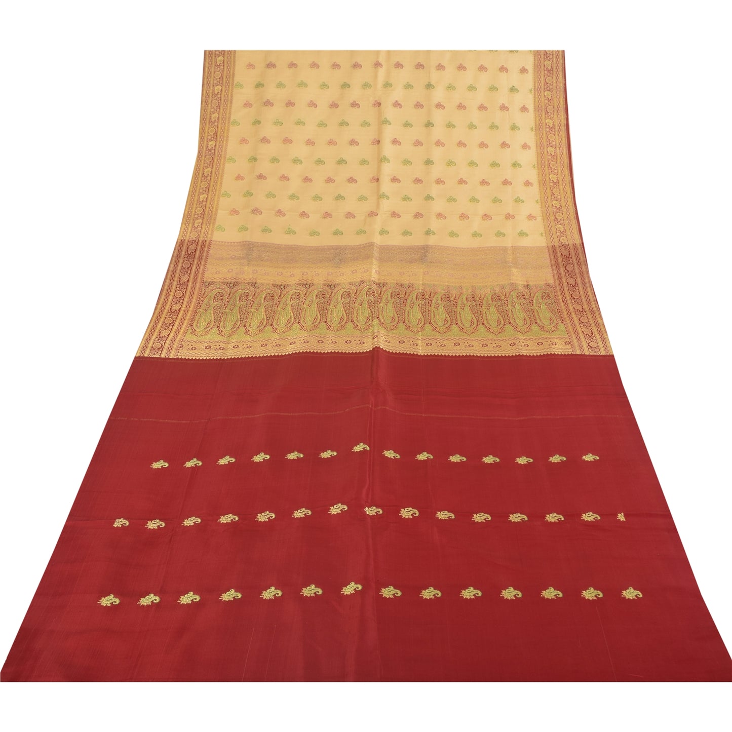 Sanskriti Vintage Cream Sarees Pure Satin Silk Brocade Banarasi Sari 6+yd Fabric