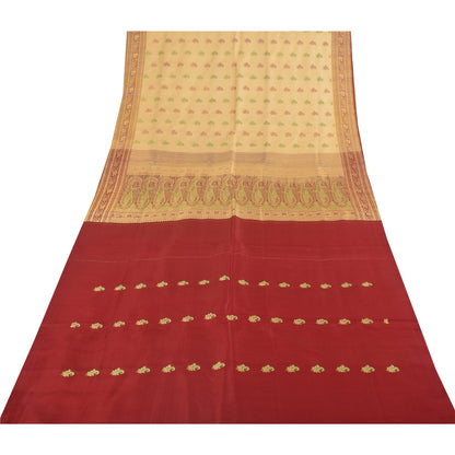 Sanskriti Vintage Cream Sarees Pure Satin Silk Brocade Banarasi Sari 6+yd Fabric