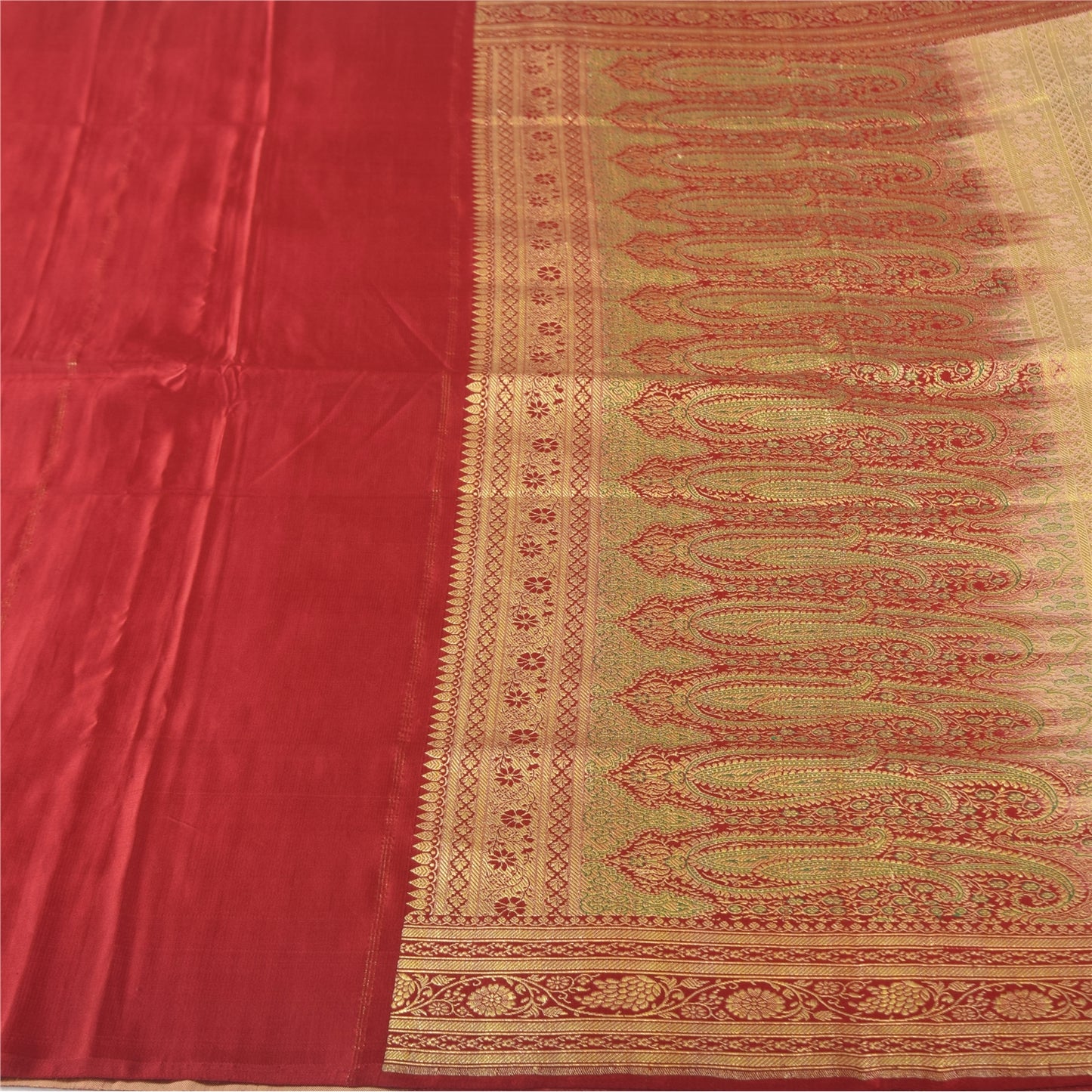 Sanskriti Vintage Cream Sarees Pure Satin Silk Brocade Banarasi Sari 6+yd Fabric