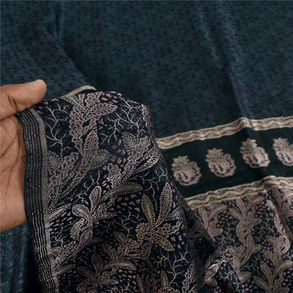 Sanskriti Vintage Dark Gray Sarees Pure Satin Silk Brocade/Banarasi Sari Fabric