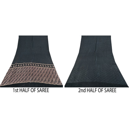 Sanskriti Vintage Dark Gray Sarees Pure Satin Silk Brocade/Banarasi Sari Fabric