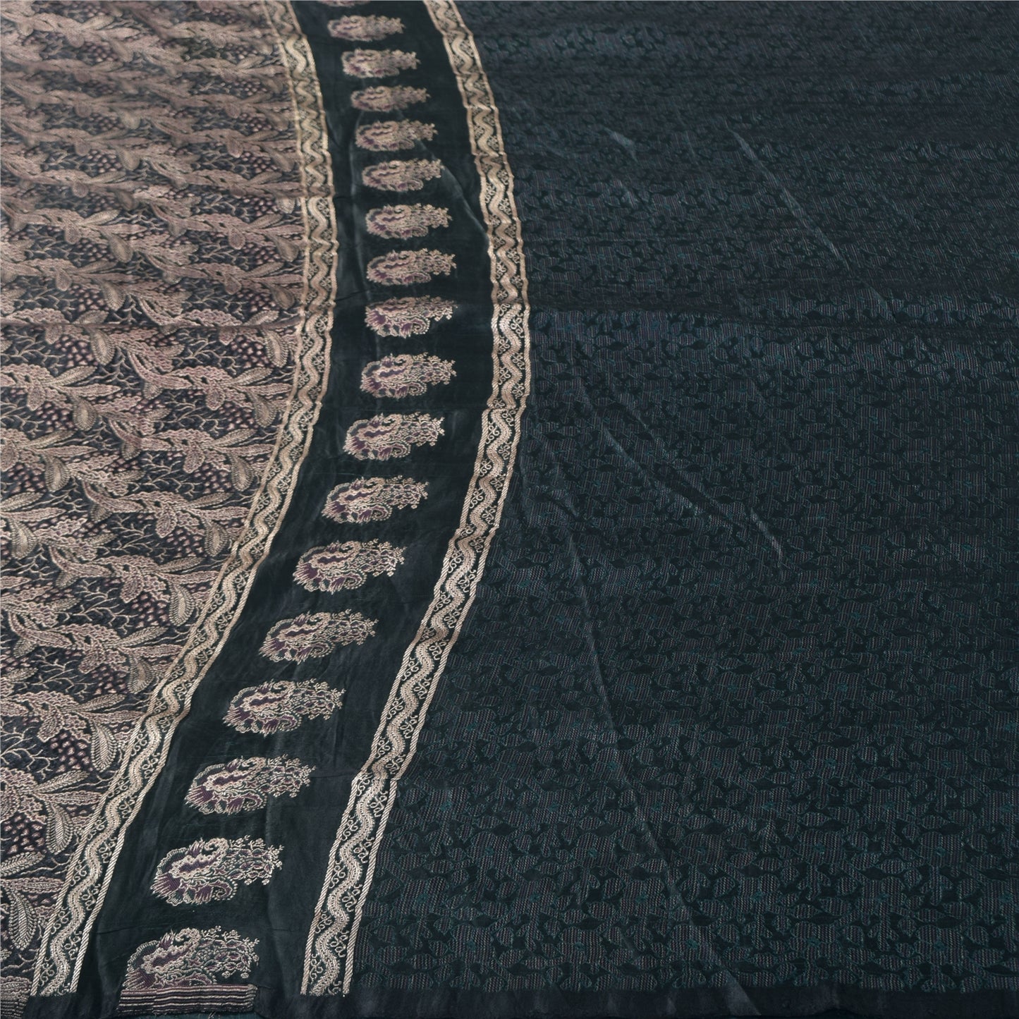 Sanskriti Vintage Dark Gray Sarees Pure Satin Silk Brocade/Banarasi Sari Fabric