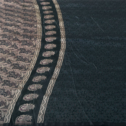 Sanskriti Vintage Dark Gray Sarees Pure Satin Silk Brocade/Banarasi Sari Fabric