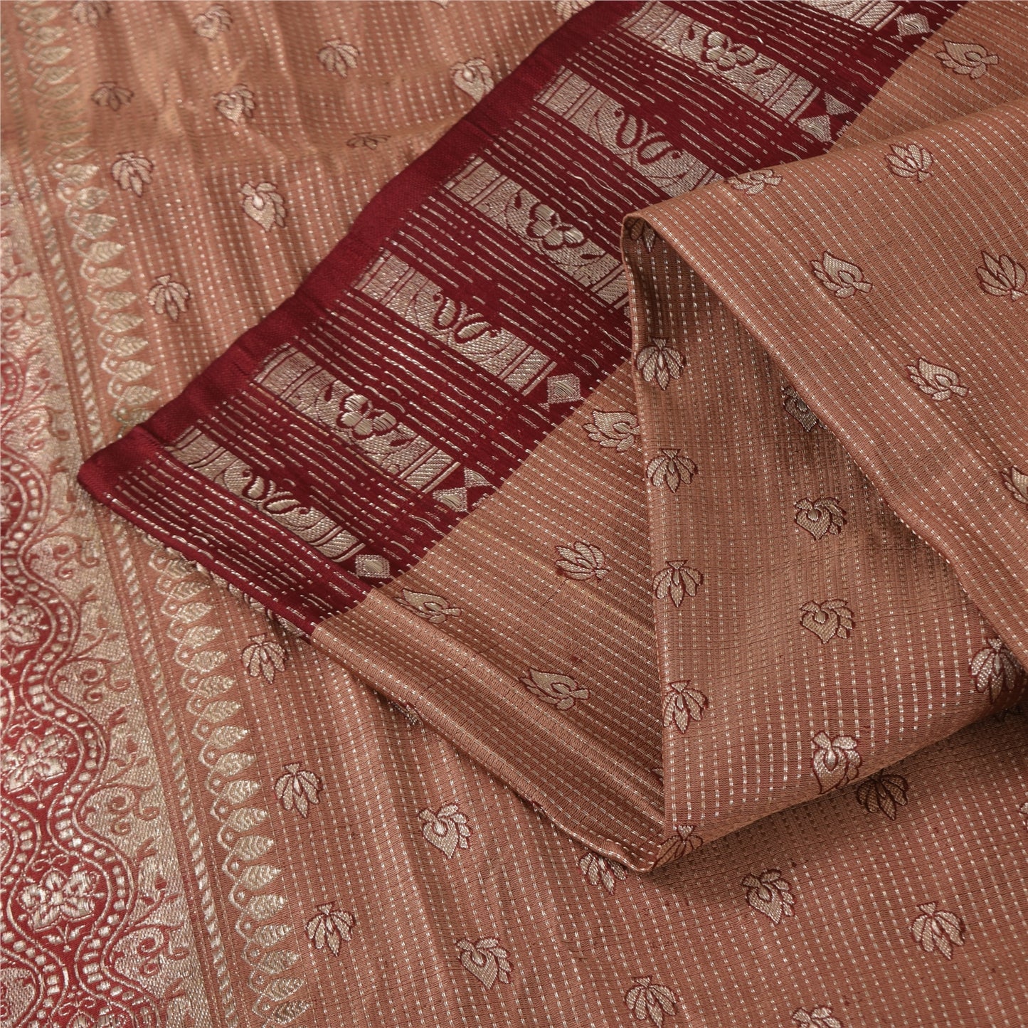 Sanskriti Vintage Peach Sarees Pure Silk Brocade/Banarasi Woven Sari 5yd Fabric