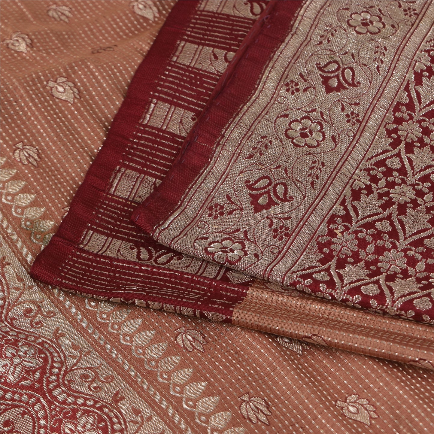 Sanskriti Vintage Peach Sarees Pure Silk Brocade/Banarasi Woven Sari 5yd Fabric