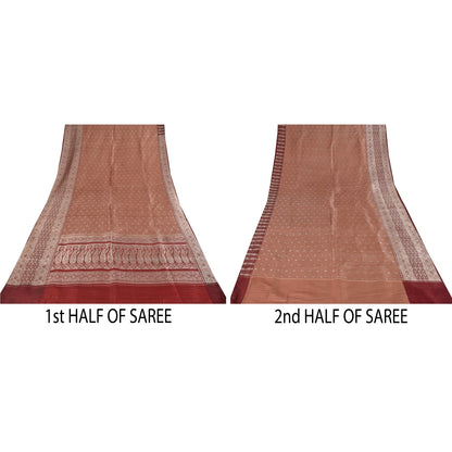 Sanskriti Vintage Peach Sarees Pure Silk Brocade/Banarasi Woven Sari 5yd Fabric