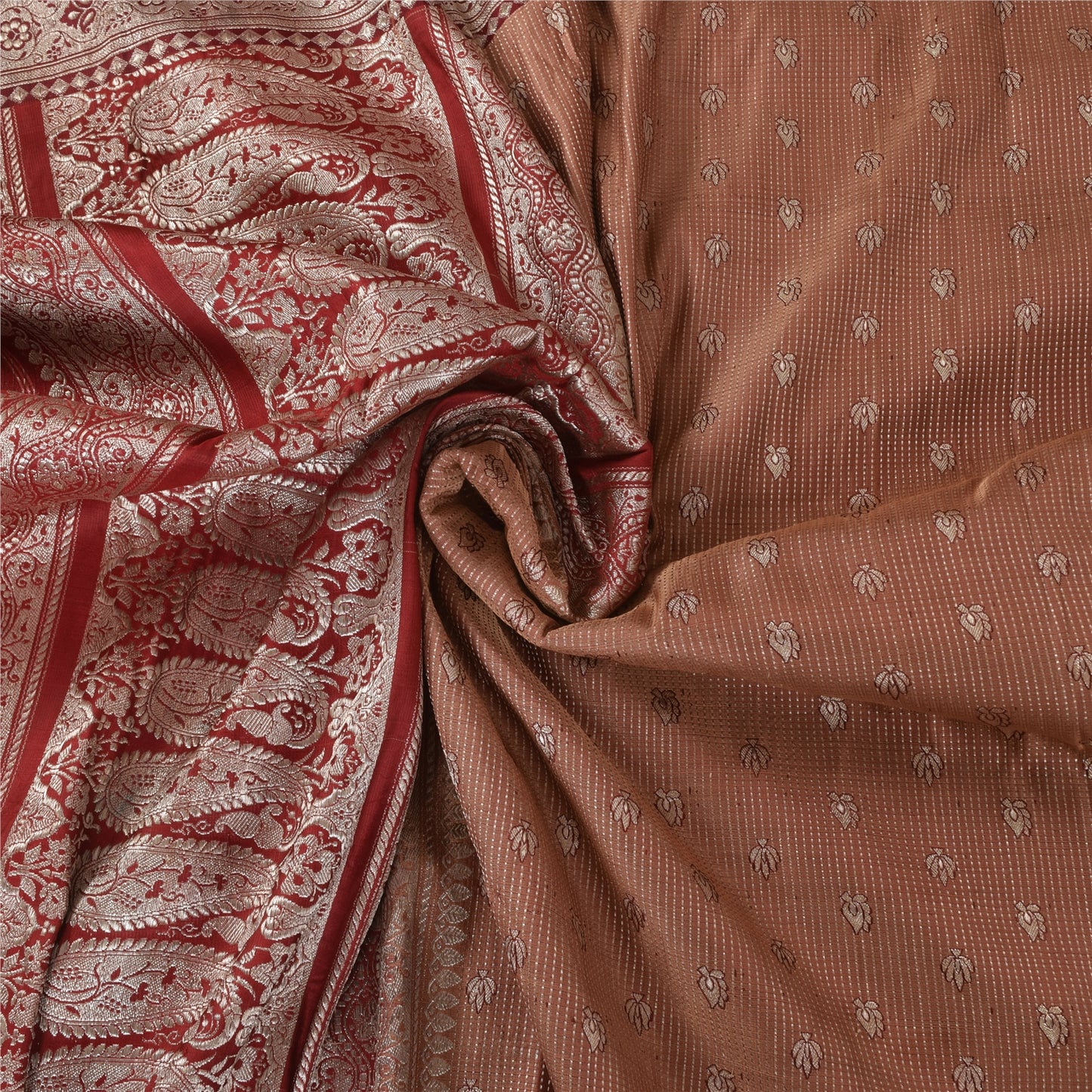 Sanskriti Vintage Peach Sarees Pure Silk Brocade/Banarasi Woven Sari 5yd Fabric