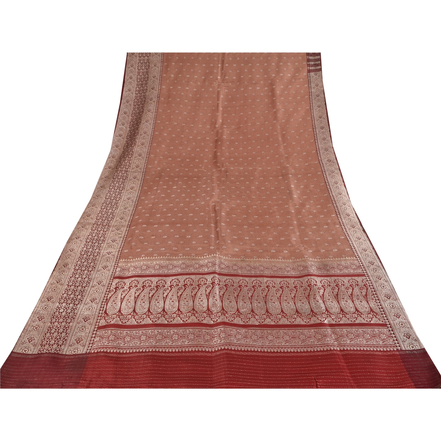 Sanskriti Vintage Peach Sarees Pure Silk Brocade/Banarasi Woven Sari 5yd Fabric