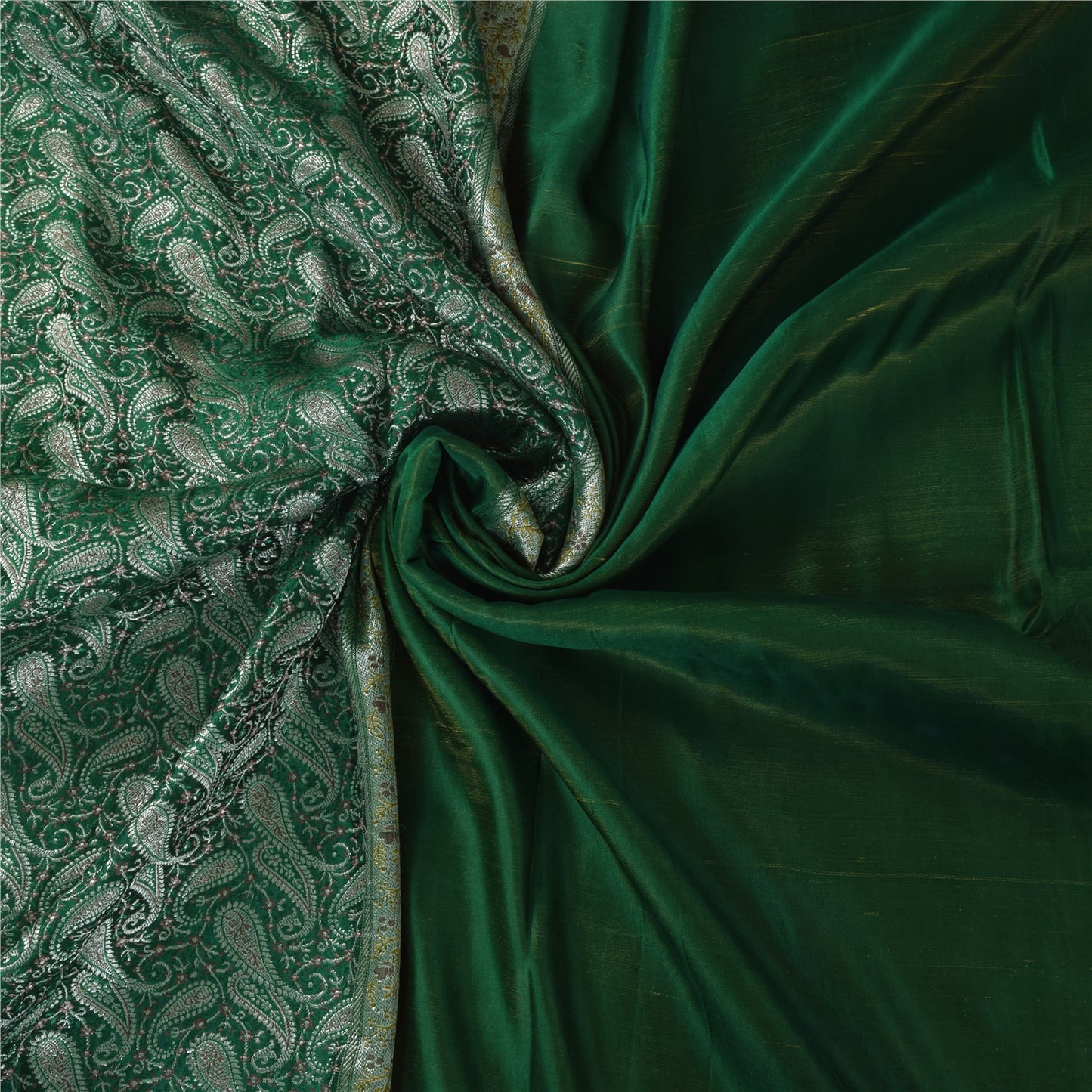 Sanskriti Vintage Green Sarees Pure Silk Woven Brocade Banarasi Sari 5+yd Sustainable Fabric
