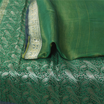 Sanskriti Vintage Green Sarees Pure Silk Woven Brocade Banarasi Sari 5+yd Sustainable Fabric
