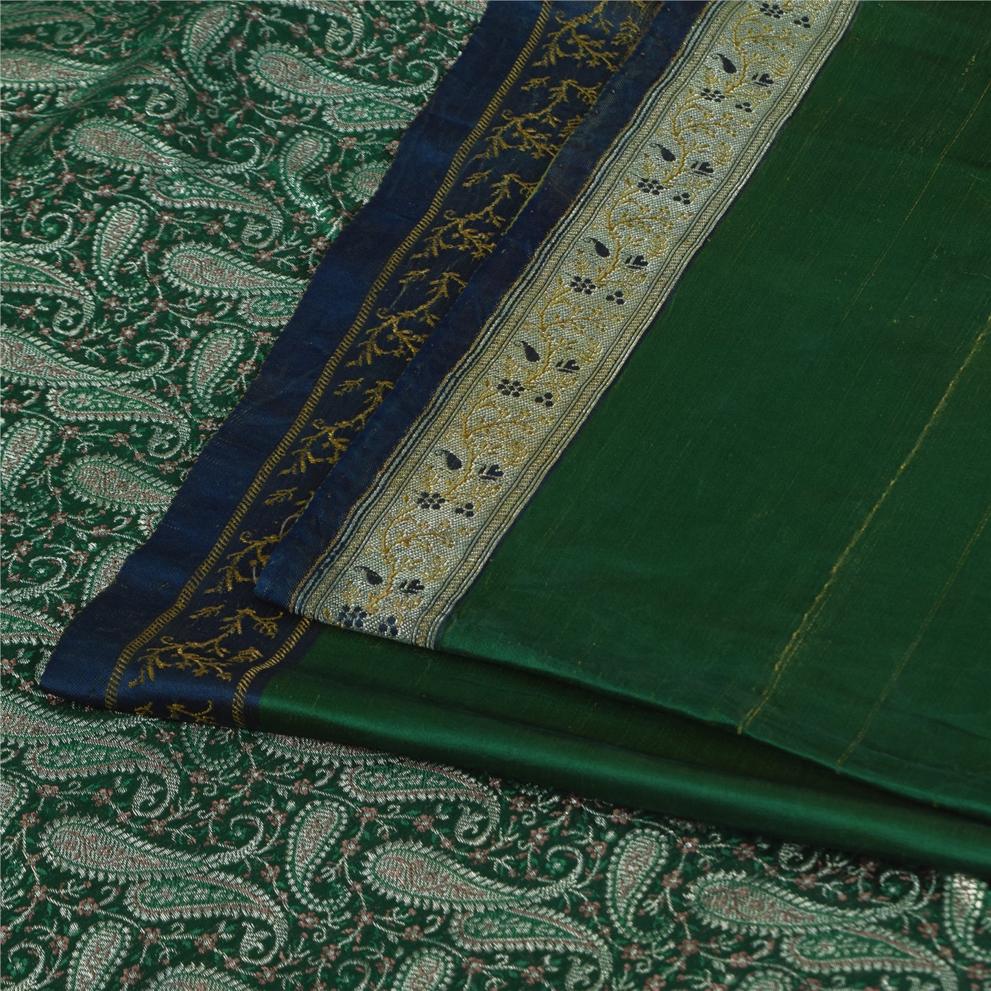 Sanskriti Vintage Green Sarees Pure Silk Woven Brocade Banarasi Sari 5+yd Sustainable Fabric