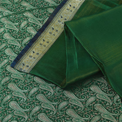 Sanskriti Vintage Green Sarees Pure Silk Woven Brocade Banarasi Sari 5+yd Sustainable Fabric