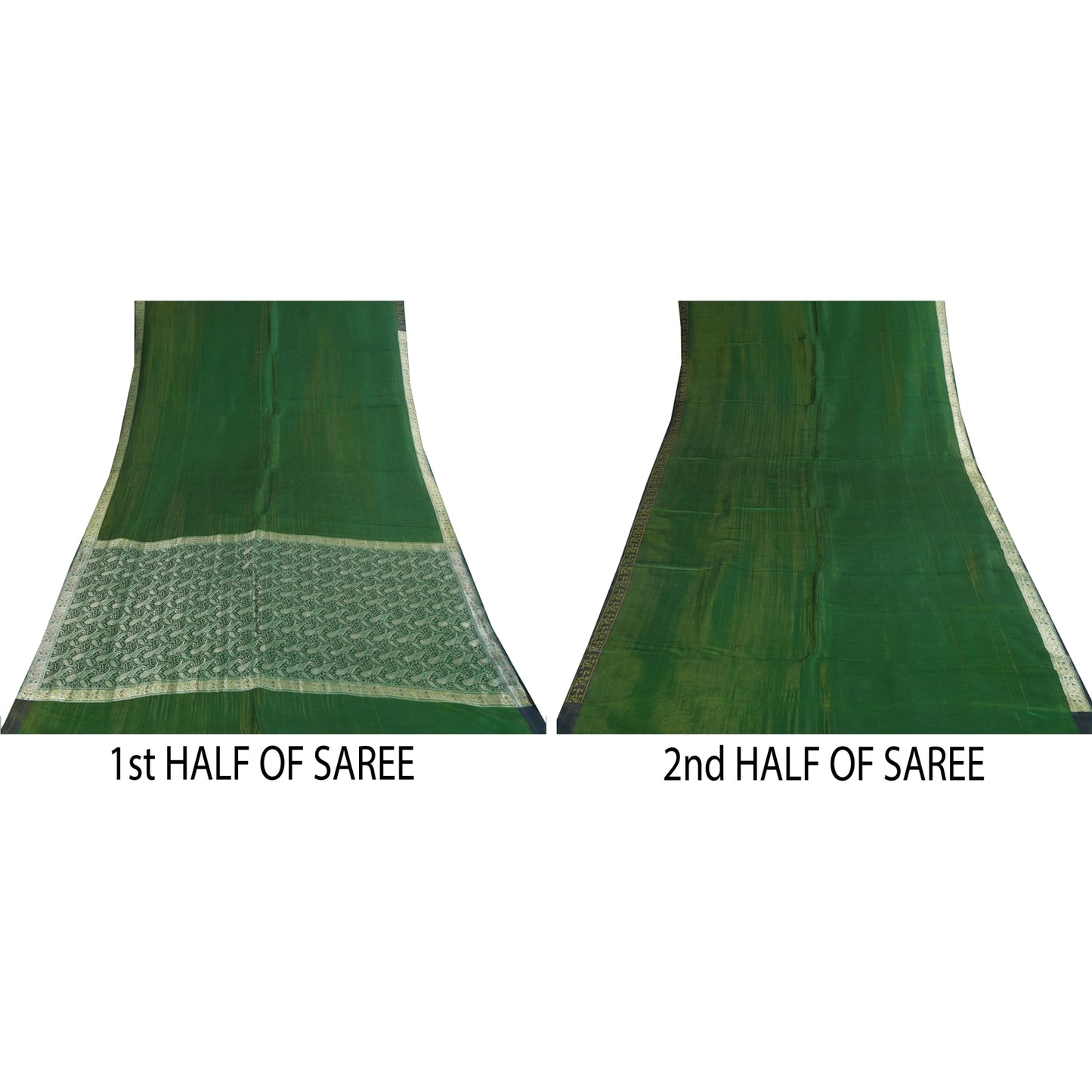 Sanskriti Vintage Green Sarees Pure Silk Woven Brocade Banarasi Sari 5+yd Sustainable Fabric