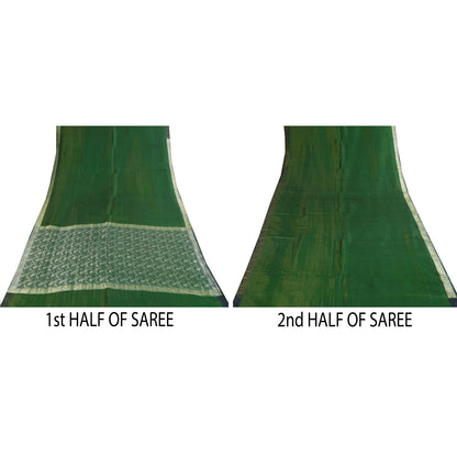 Sanskriti Vintage Green Sarees Pure Silk Woven Brocade Banarasi Sari 5+yd Sustainable Fabric