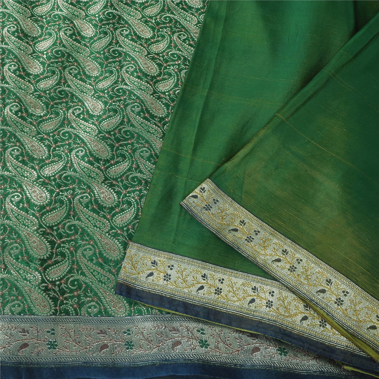 Sanskriti Vintage Green Sarees Pure Silk Woven Brocade Banarasi Sari 5+yd Sustainable Fabric