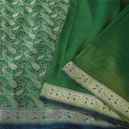 Sanskriti Vintage Green Sarees Pure Silk Woven Brocade Banarasi Sari 5+yd Sustainable Fabric