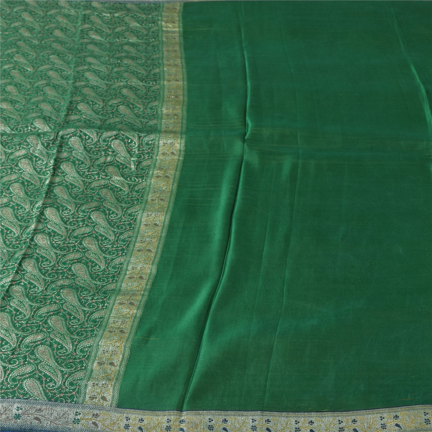Sanskriti Vintage Green Sarees Pure Silk Woven Brocade Banarasi Sari 5+yd Sustainable Fabric