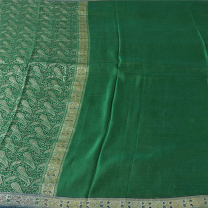 Sanskriti Vintage Green Sarees Pure Silk Woven Brocade Banarasi Sari 5+yd Sustainable Fabric