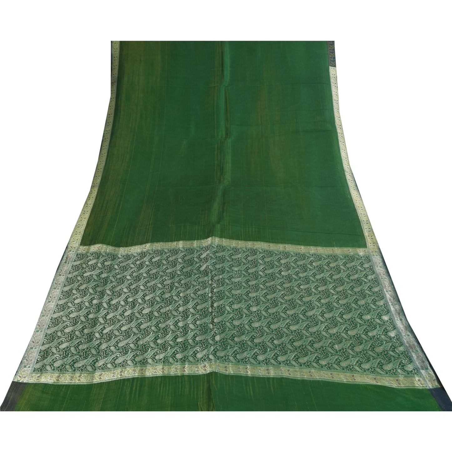 Sanskriti Vintage Green Sarees Pure Silk Woven Brocade Banarasi Sari 5+yd Sustainable Fabric