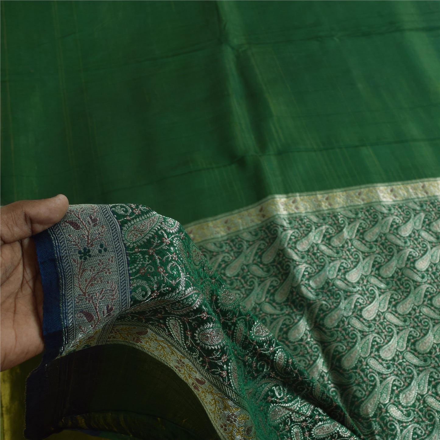 Sanskriti Vintage Green Sarees Pure Silk Woven Brocade Banarasi Sari 5+yd Sustainable Fabric