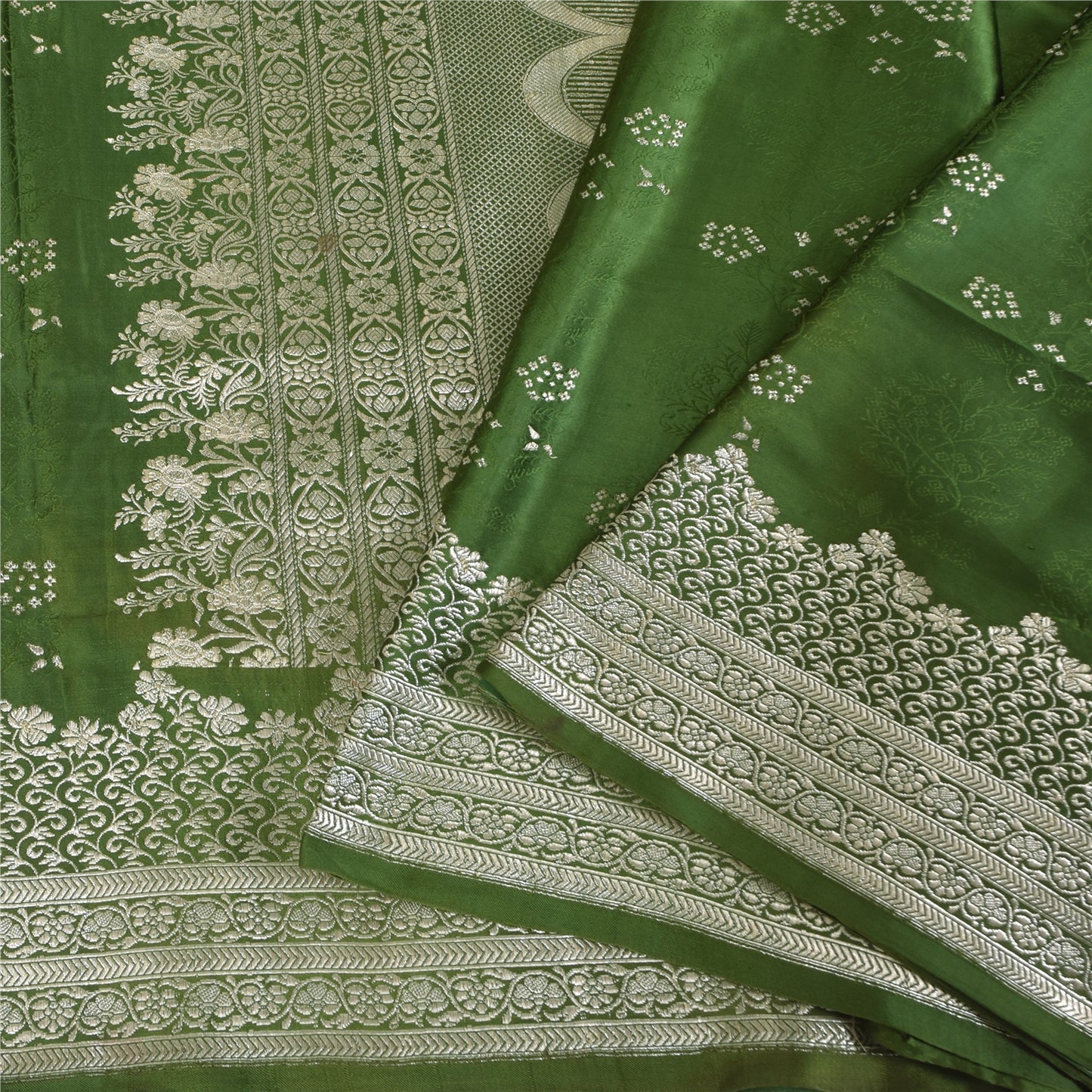 Sanskriti Vintage Green Sarees Pure Satin Silk Brocade Woven Sari Craft Sustainable Fabric