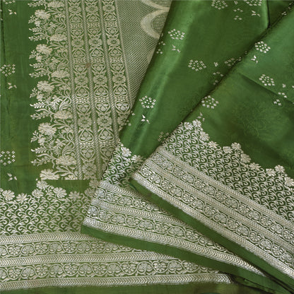 Sanskriti Vintage Green Sarees Pure Satin Silk Brocade Woven Sari Craft Sustainable Fabric