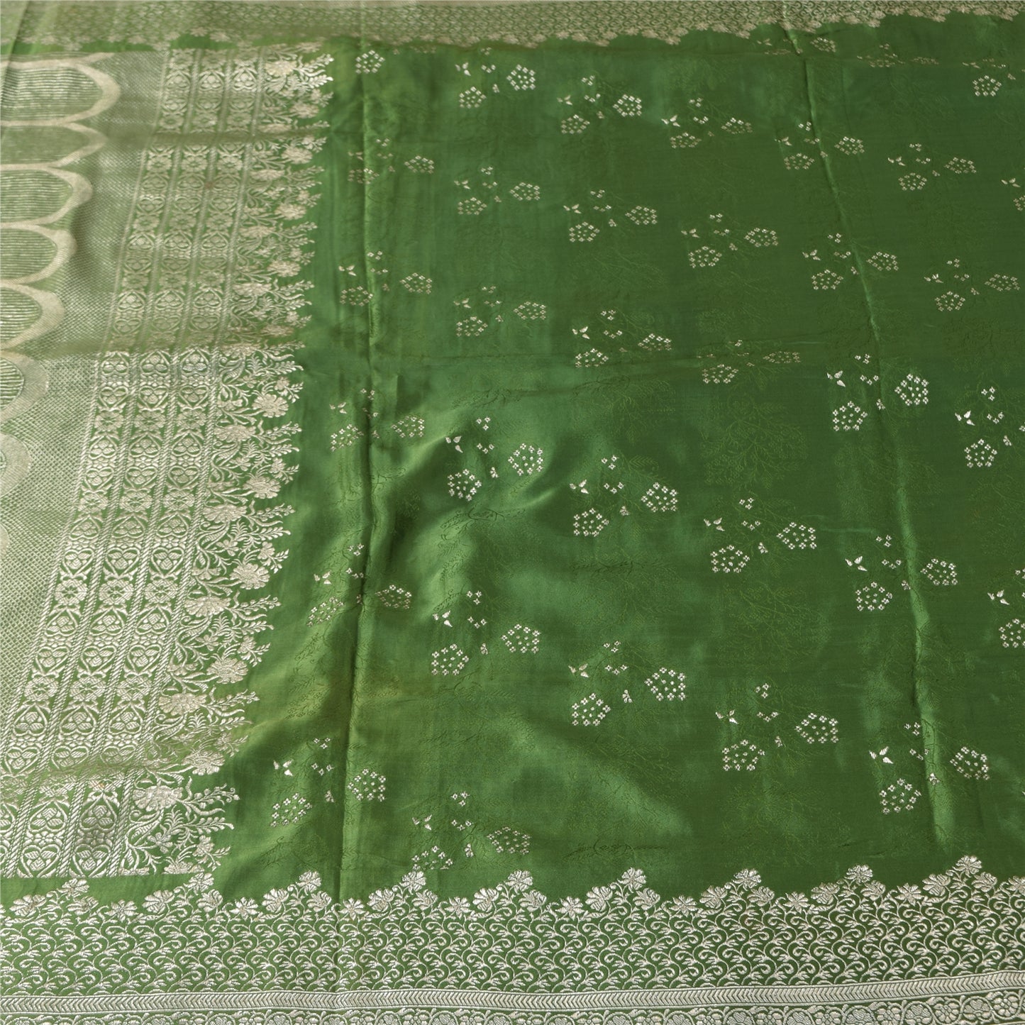 Sanskriti Vintage Green Sarees Pure Satin Silk Brocade Woven Sari Craft Sustainable Fabric