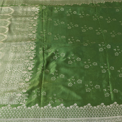 Sanskriti Vintage Green Sarees Pure Satin Silk Brocade Woven Sari Craft Sustainable Fabric
