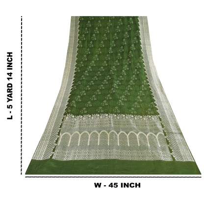 Sanskriti Vintage Green Sarees Pure Satin Silk Brocade Woven Sari Craft Sustainable Fabric