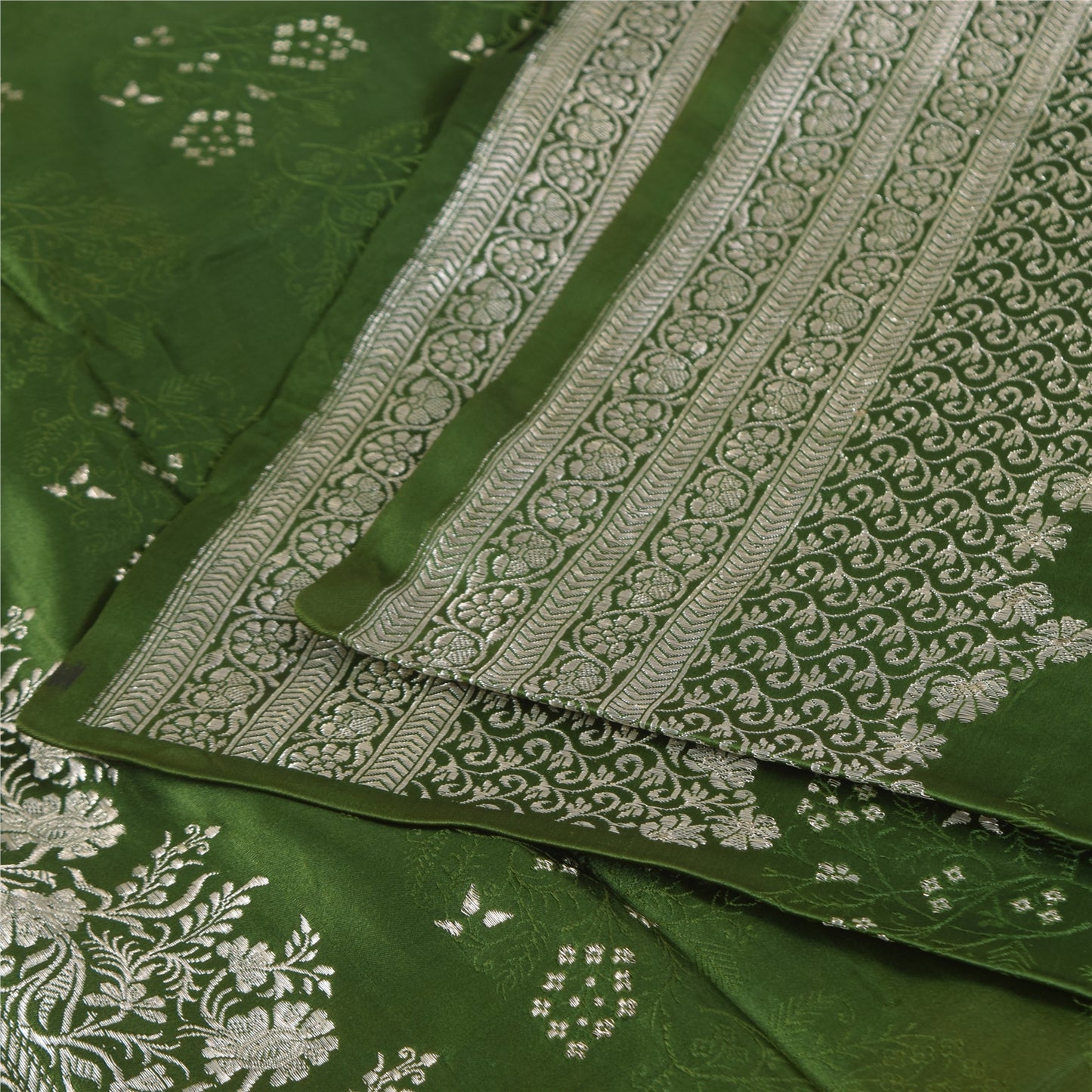 Sanskriti Vintage Green Sarees Pure Satin Silk Brocade Woven Sari Craft Sustainable Fabric