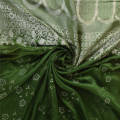 Sanskriti Vintage Green Sarees Pure Satin Silk Brocade Woven Sari Craft Sustainable Fabric