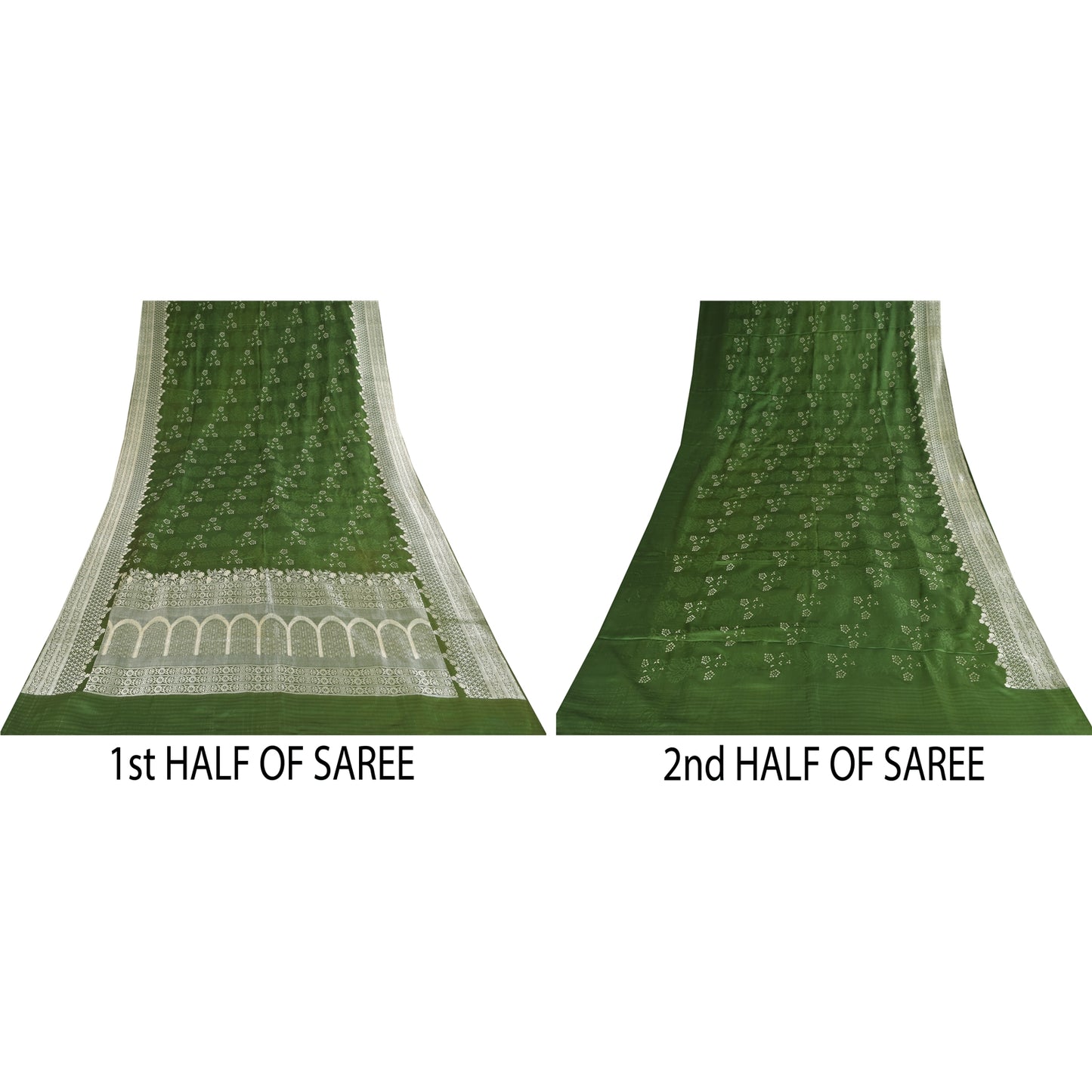 Sanskriti Vintage Green Sarees Pure Satin Silk Brocade Woven Sari Craft Sustainable Fabric
