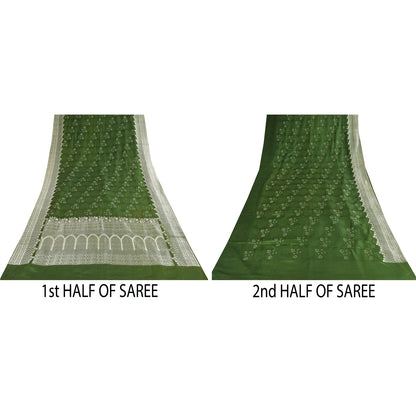 Sanskriti Vintage Green Sarees Pure Satin Silk Brocade Woven Sari Craft Sustainable Fabric