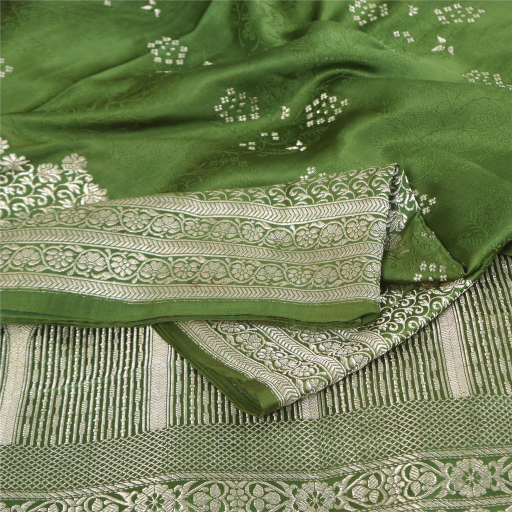 Sanskriti Vintage Green Sarees Pure Satin Silk Brocade Woven Sari Craft Sustainable Fabric