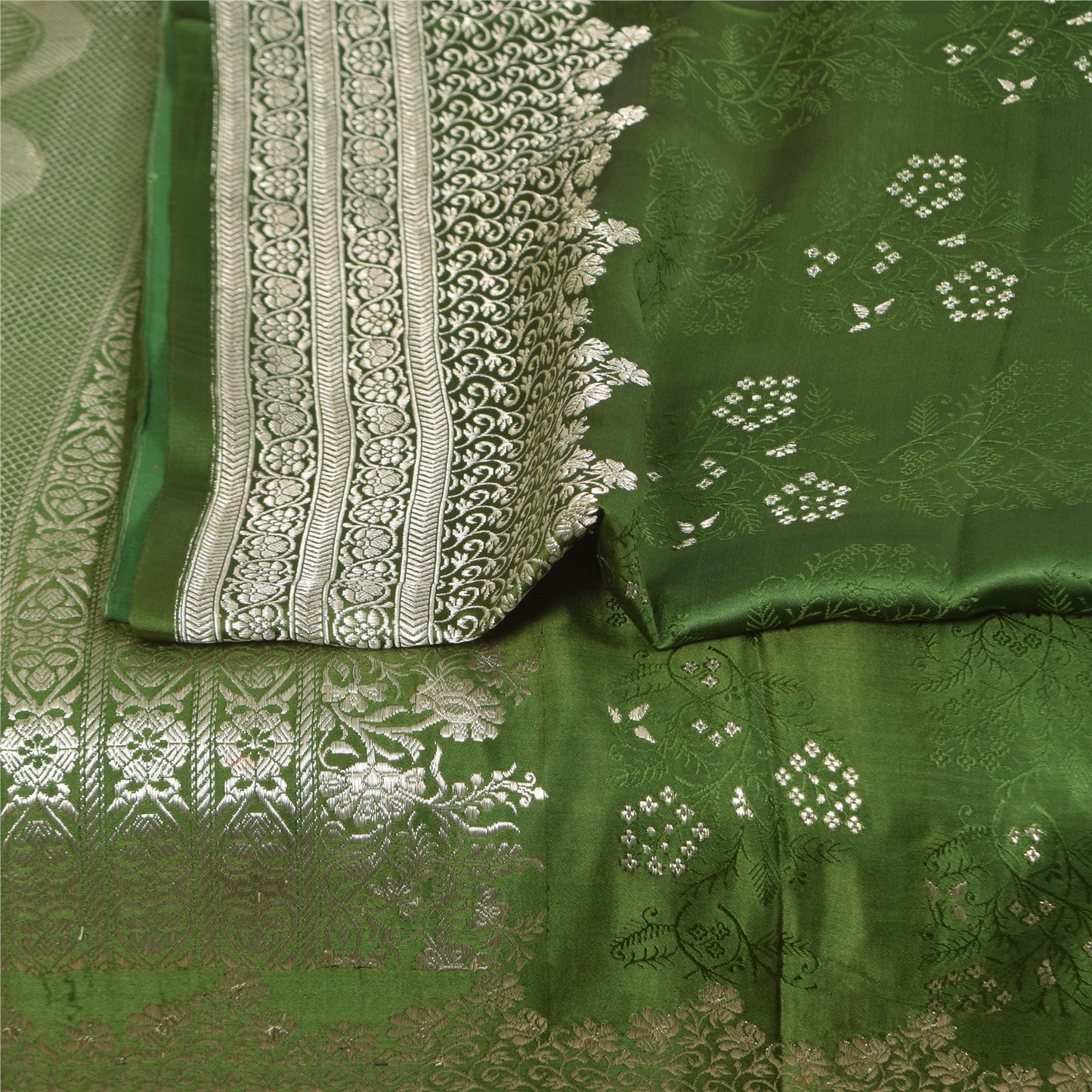 Sanskriti Vintage Green Sarees Pure Satin Silk Brocade Woven Sari Craft Sustainable Fabric