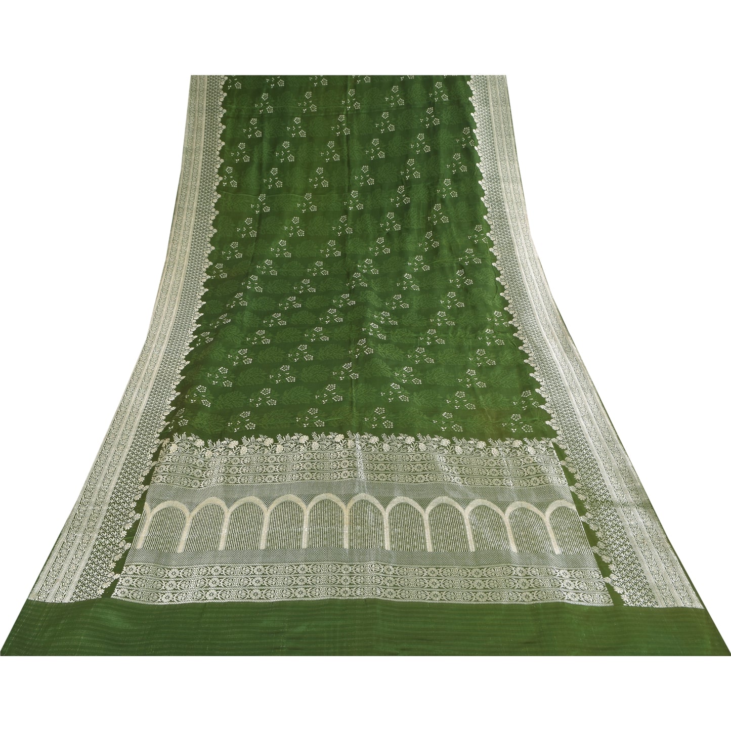 Sanskriti Vintage Green Sarees Pure Satin Silk Brocade Woven Sari Craft Sustainable Fabric