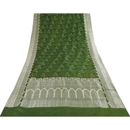 Sanskriti Vintage Green Sarees Pure Satin Silk Brocade Woven Sari Craft Sustainable Fabric