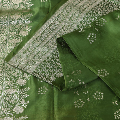 Sanskriti Vintage Green Sarees Pure Satin Silk Brocade Woven Sari Craft Sustainable Fabric