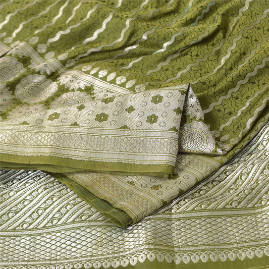 Sanskriti Vintage Green Sarees Pure Satin Silk banarasi Brocade Woven Sari Craft Sustainable Fabric