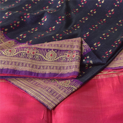 Sanskriti Vintage Blue Sarees Pure Satin Silk Woven Brocade Sari Craft Sustainable Fabric