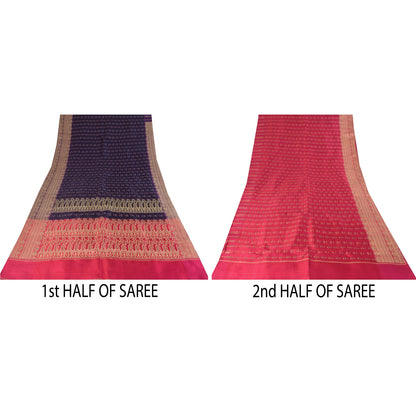 Sanskriti Vintage Blue Sarees Pure Satin Silk Woven Brocade Sari Craft Sustainable Fabric