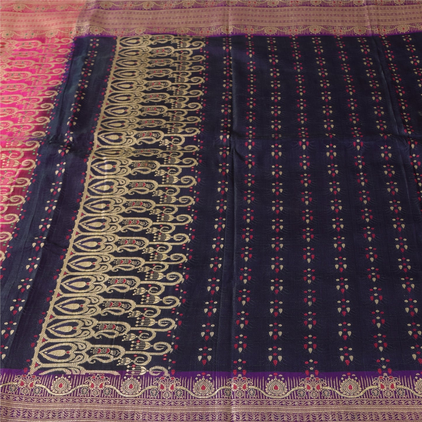 Sanskriti Vintage Blue Sarees Pure Satin Silk Woven Brocade Sari Craft Sustainable Fabric