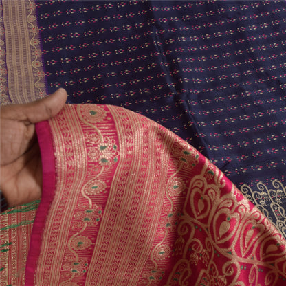 Sanskriti Vintage Blue Sarees Pure Satin Silk Woven Brocade Sari Craft Sustainable Fabric