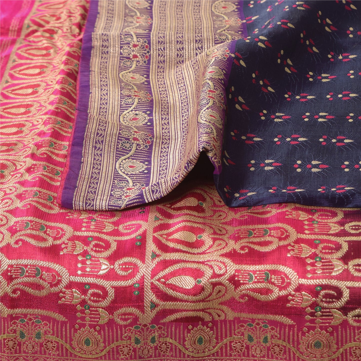 Sanskriti Vintage Blue Sarees Pure Satin Silk Woven Brocade Sari Craft Sustainable Fabric