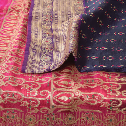 Sanskriti Vintage Blue Sarees Pure Satin Silk Woven Brocade Sari Craft Sustainable Fabric