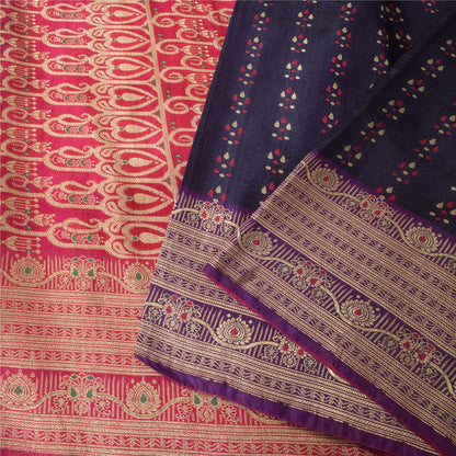 Sanskriti Vintage Blue Sarees Pure Satin Silk Woven Brocade Sari Craft Sustainable Fabric